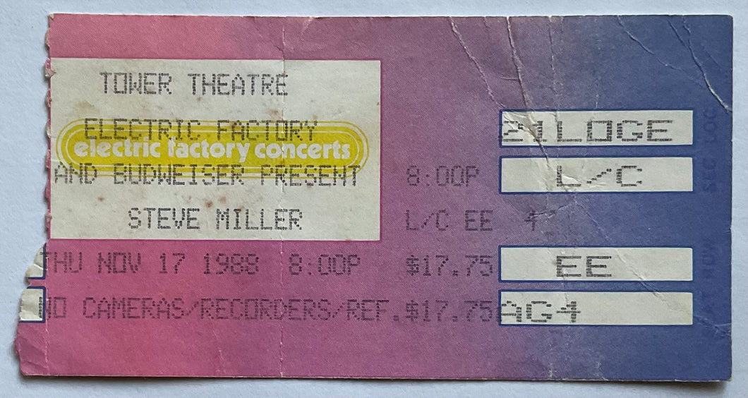 Steve Miller Original Used Concert Ticket Tower Theatre Upper Darby 17th Nov 1988
