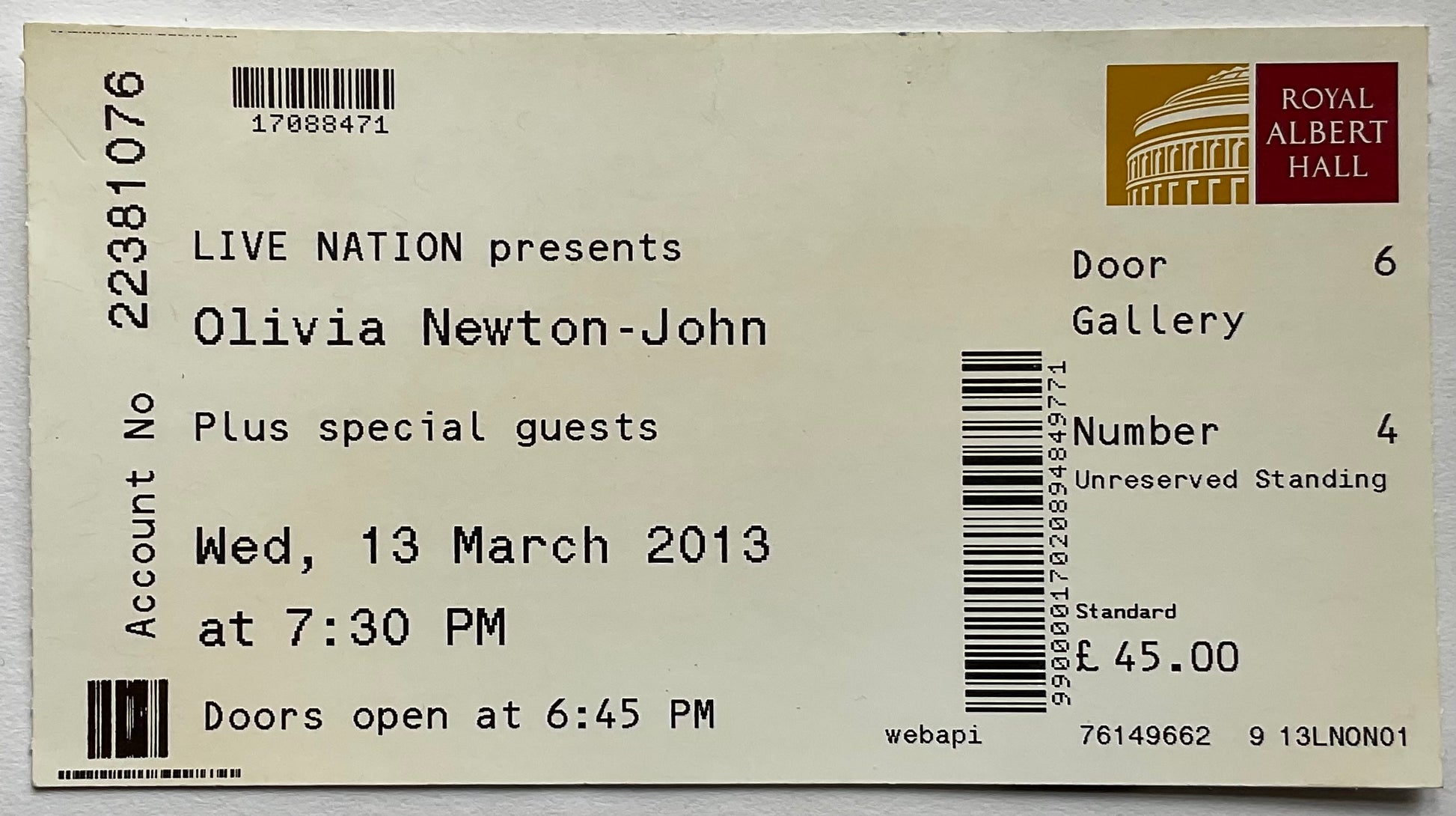 Olivia Newton John Original Used Concert Ticket Royal Albert Hall London 13th Mar 2013