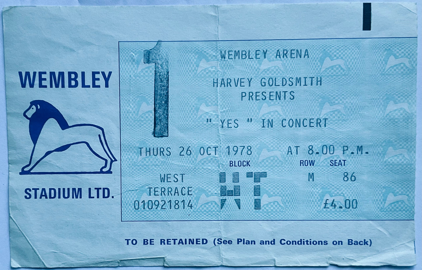 Yes Original Used Concert Ticket Wembley Arena London 26th Oct 1978