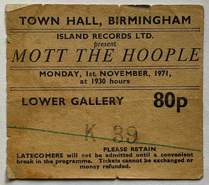 Mott the Hoople Free Original Used Concert Ticket Town Hall Birmingham 1st Nov 1971