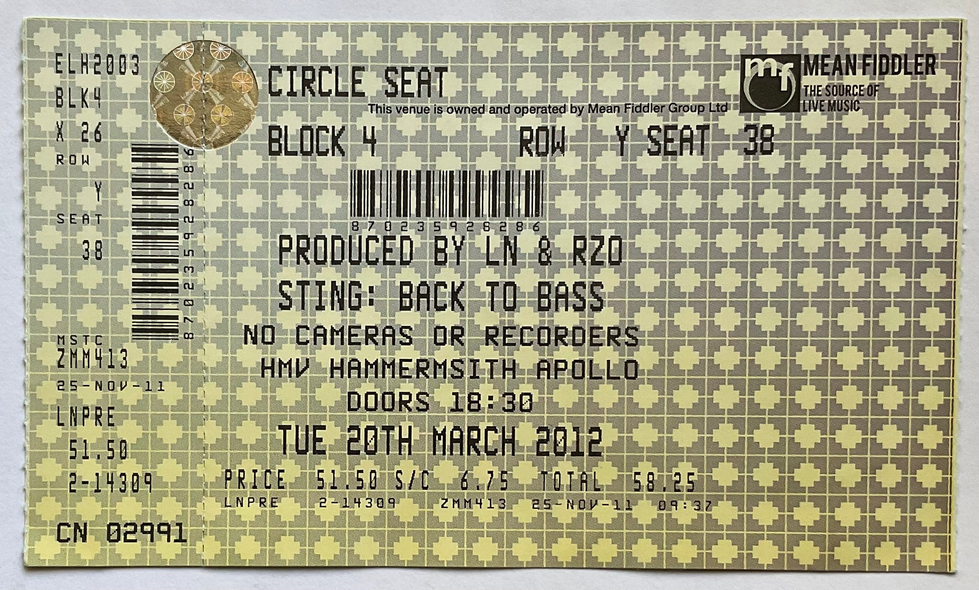 Sting Original Unused Concert Ticket Hammersmith Apollo London 20th Mar 2012