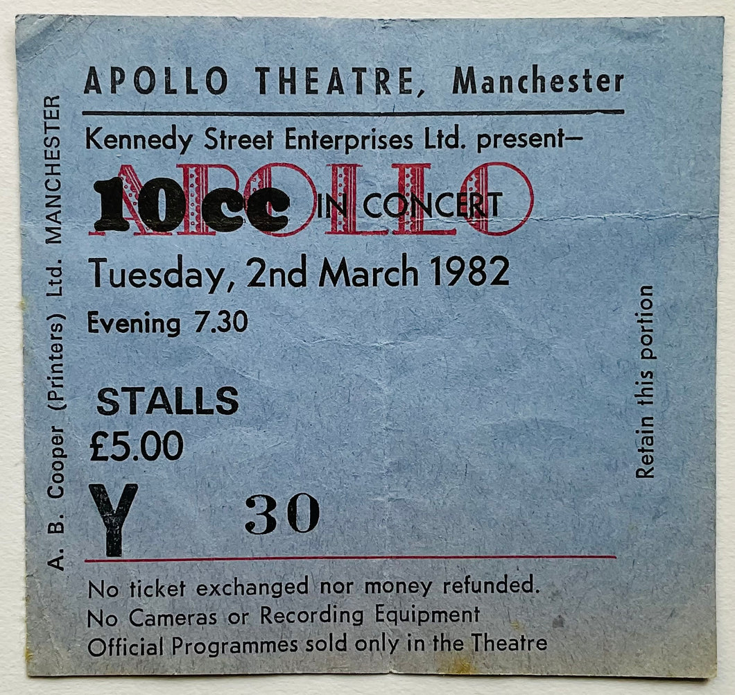10cc Original Used Concert Ticket Apollo Theatre Manchester 2nd Mar 1982