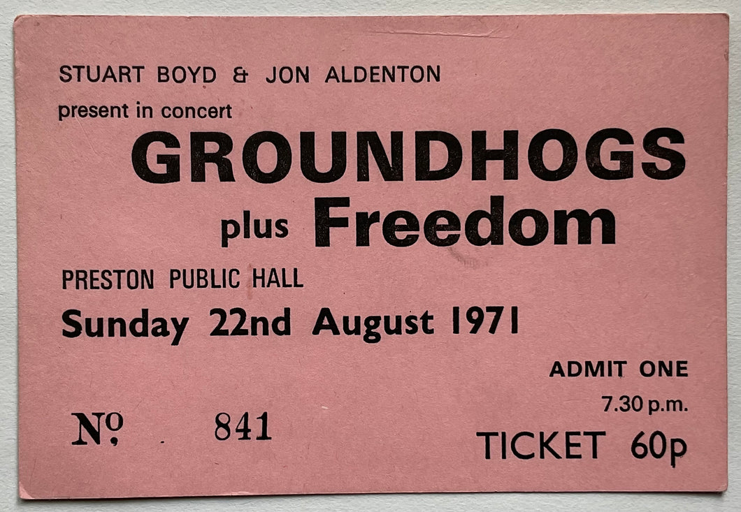 Groundhogs Freedom Original Used Concert Ticket Guildhall Preston 22nd Aug 1971