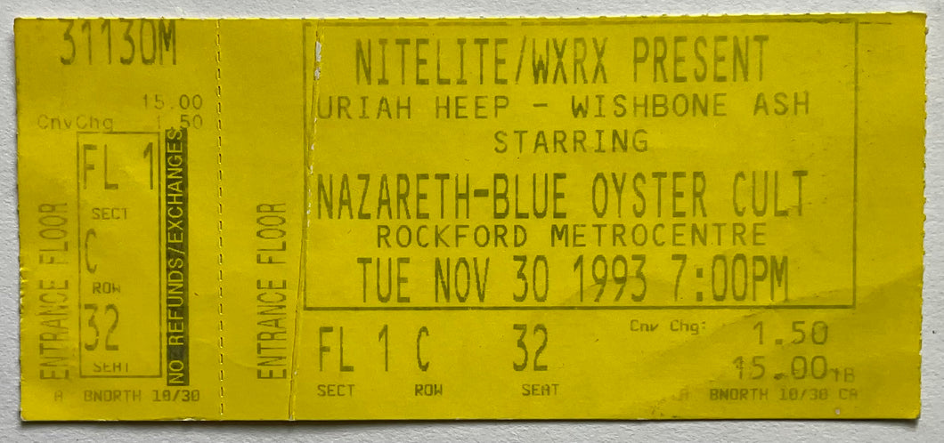 Nazareth Blue Oyster Cult Original Unused Concert Ticket Metrocentre Rockford 30th Nov 1993