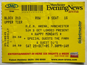 Happy Mondays The Farm Original Used Concert Ticket MEN Arena Manchester 29th Oct 2005