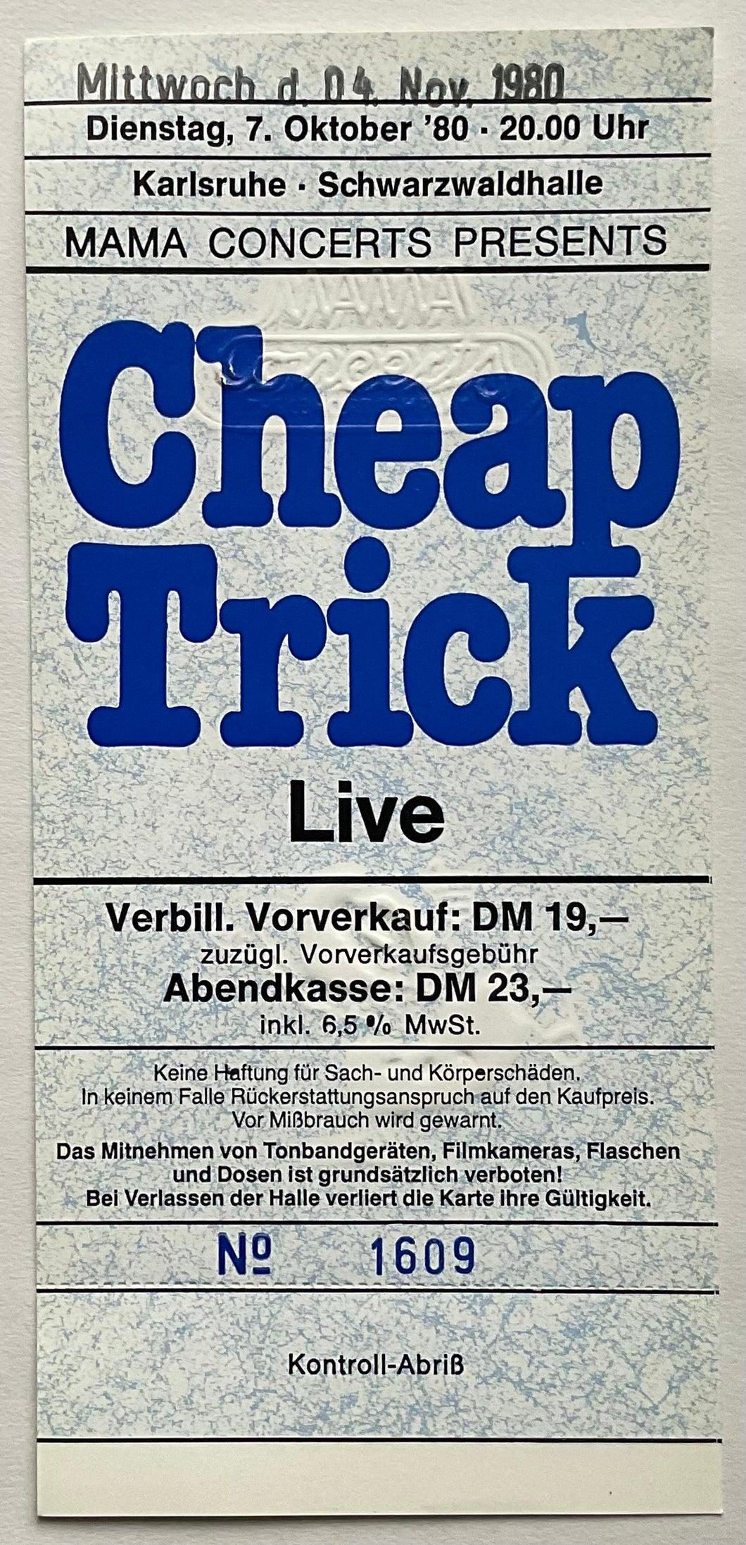 Cheap Trick Original Used Concert Ticket Schwarzwaldhalle Karlsruhe 7th Oct 1980
