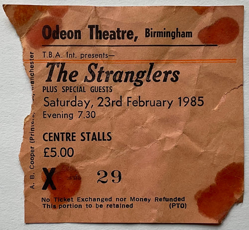 Stranglers Ticket Odeon Theatre Birmingham 23rd Feb 1985