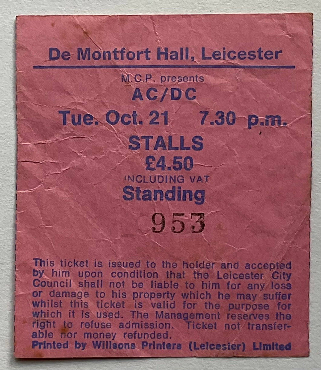 AC/DC Original Used Concert Ticket De Montfort Hall Leicester 21st Oct 1980