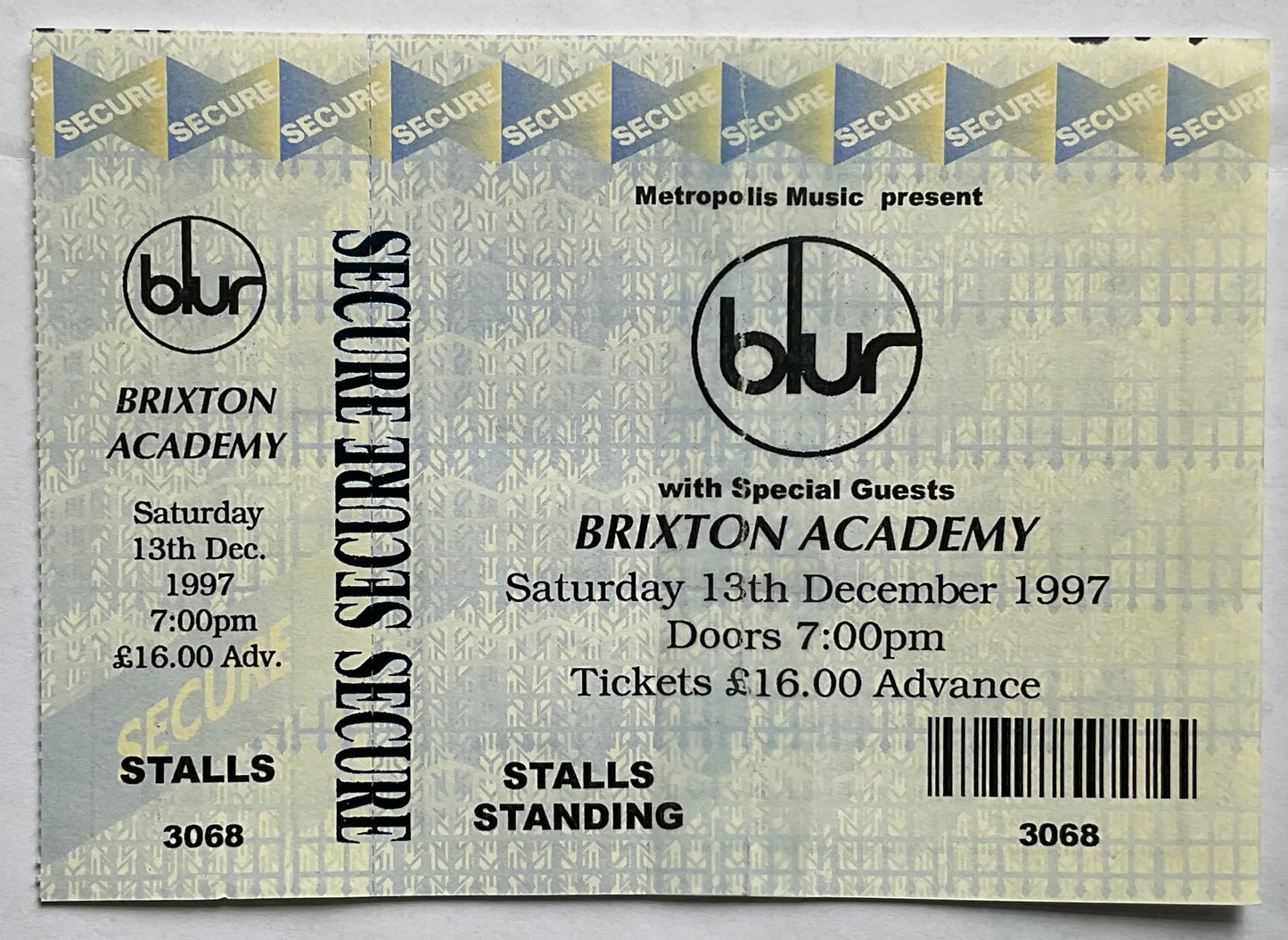 Blur Original Unused Concert Ticket Brixton Academy London 13th December 1997