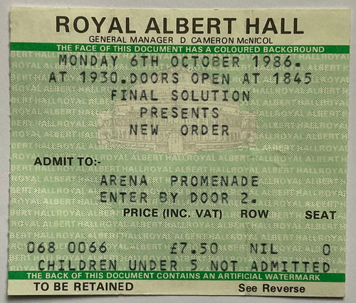 New Order Original Used Concert Ticket Royal Albert Hall, London 6th Oct 1986