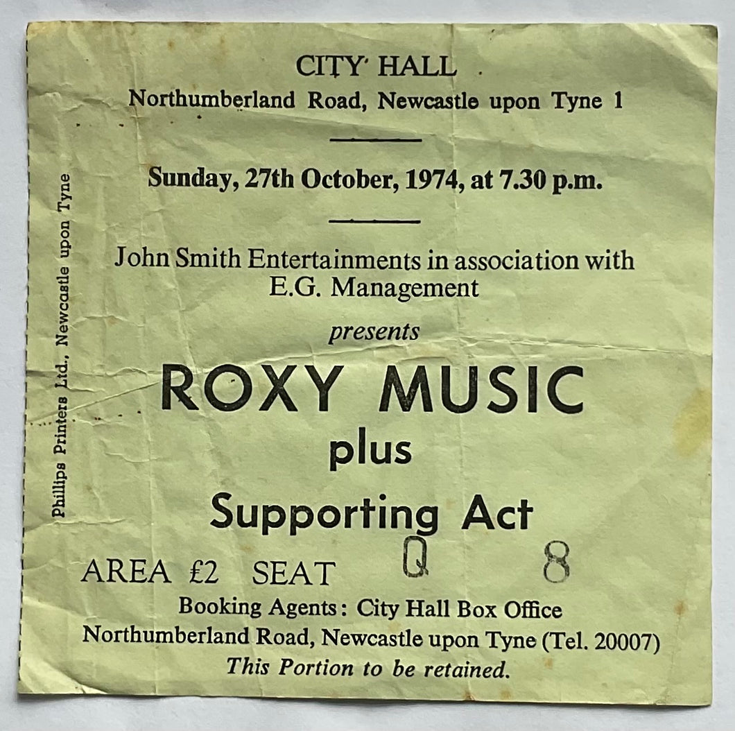 Roxy Music Original Used Concert Ticket City Hall Newcastle 27th Oct 1974