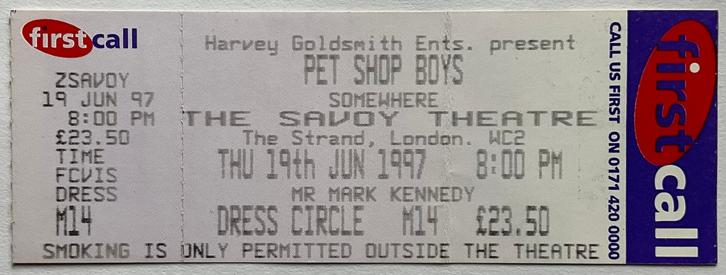 Pet Shop Boys Original Unused Concert Ticket Savoy Theatre London 19th Jun 1997