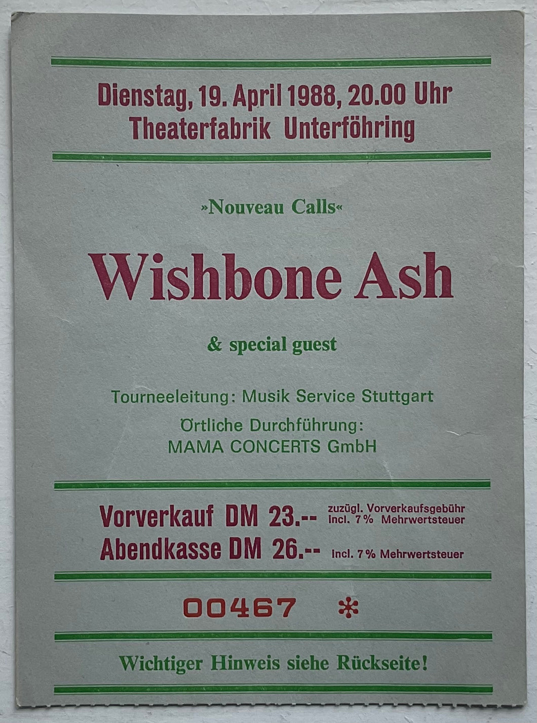 Wishbone Ash Original Used Concert Ticket Theaterfabrik Unterfohring 19th Apr 1988