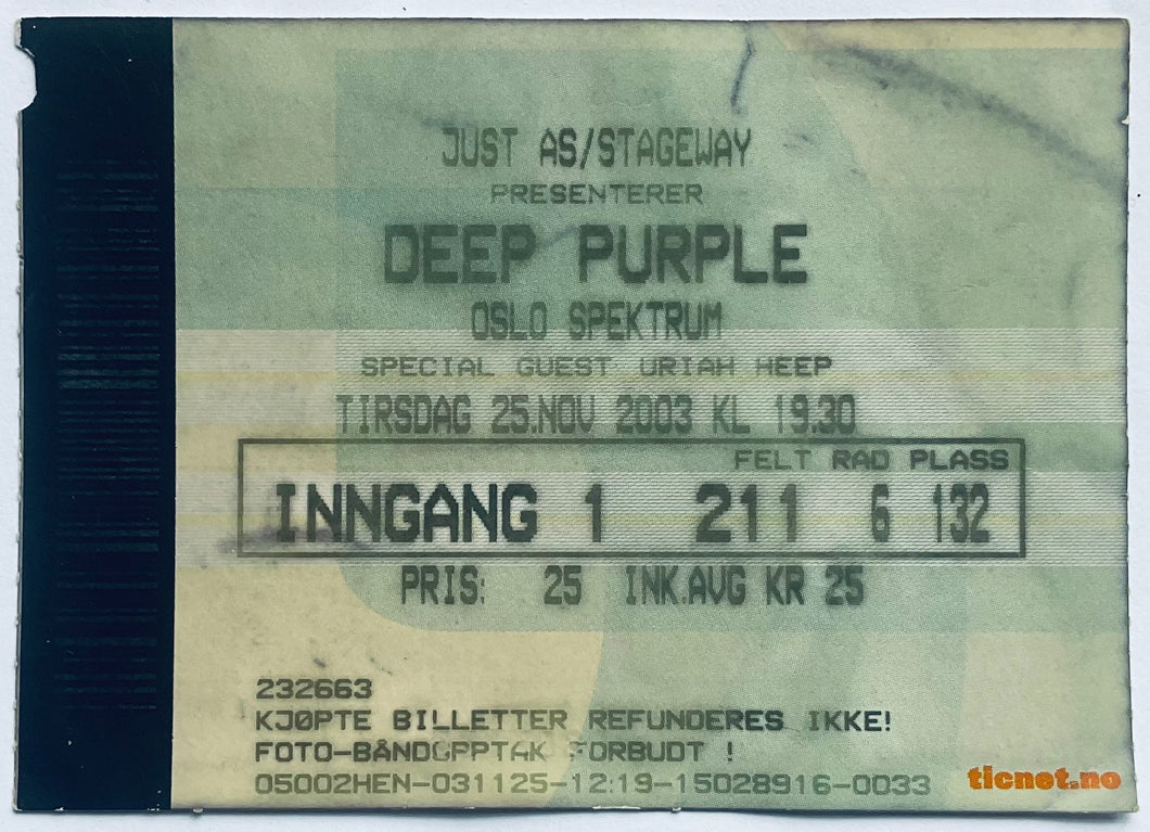 Deep Purple Uriah Heep Original Used Concert Ticket Spektrum Oslo 25th Nov 2003