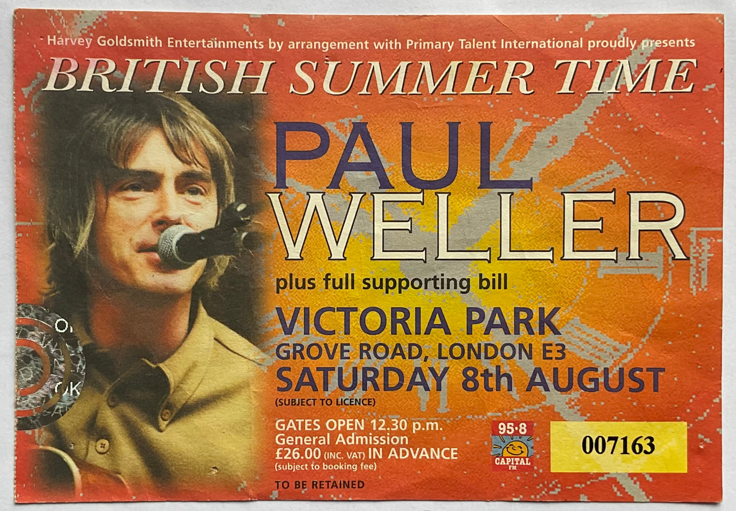Paul Weller Original Used Concert Ticket Victoria Park London 8th Aug 1998