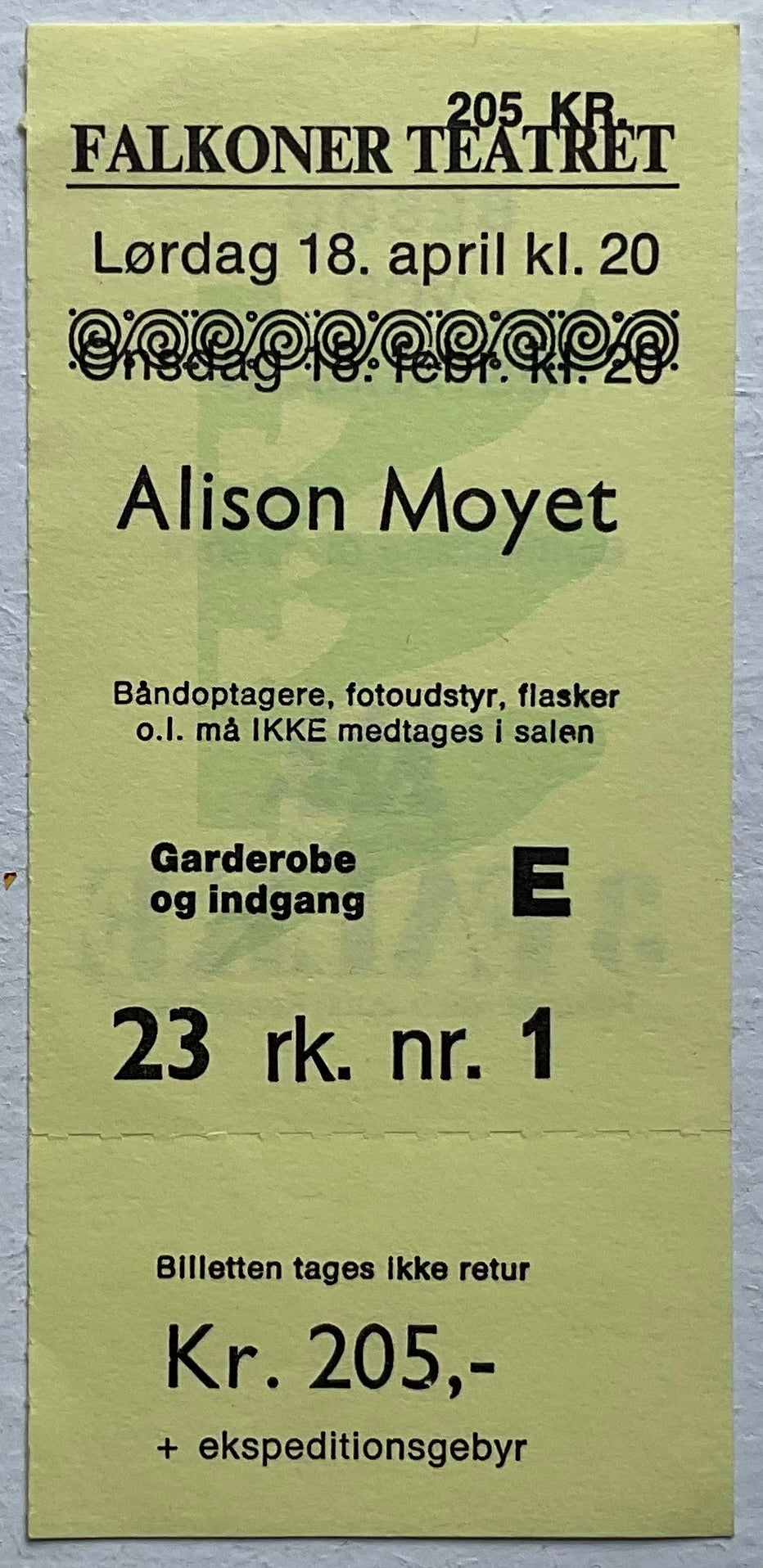 Alison Moyet Original Used Concert Ticket Falkoner Teatret Copenhagen 18th Apr 1987