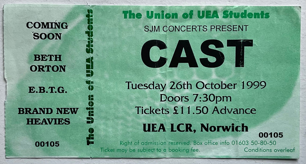 Cast Original Unused Concert Ticket UEA Norwich 26th Oct 1999