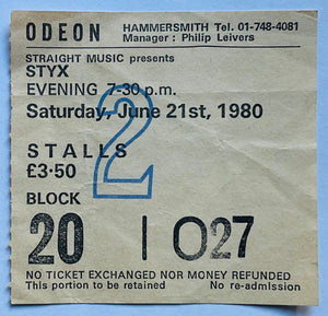 Styx Original Used Concert Ticket Hammersmith Odeon London 21st Jun 1980