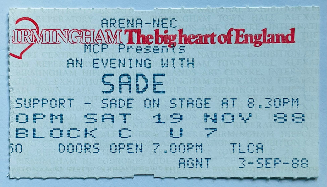 Sade Original Used Concert Ticket NEC Arena Birmingham 19th Nov 1988