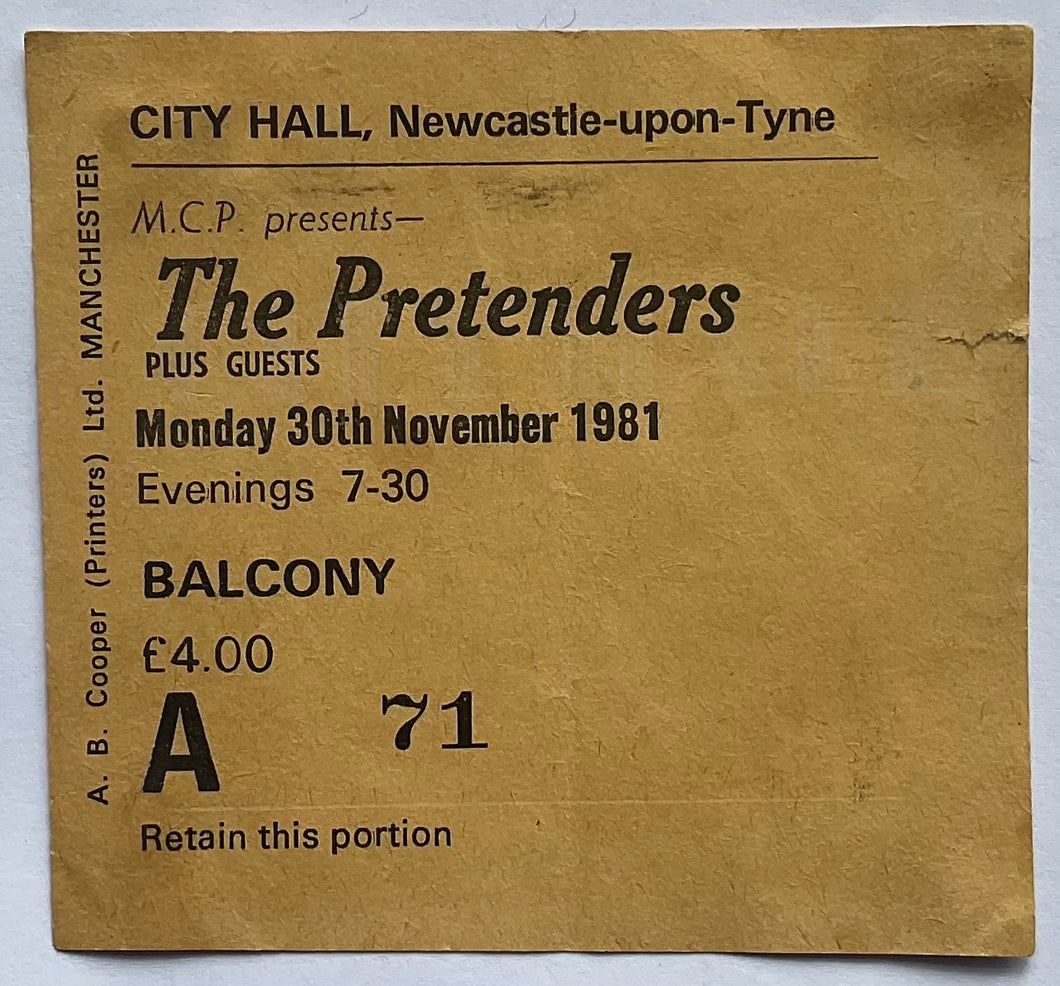 Pretenders Original Used Concert Ticket City Hall Newcastle 30th Nov 1981