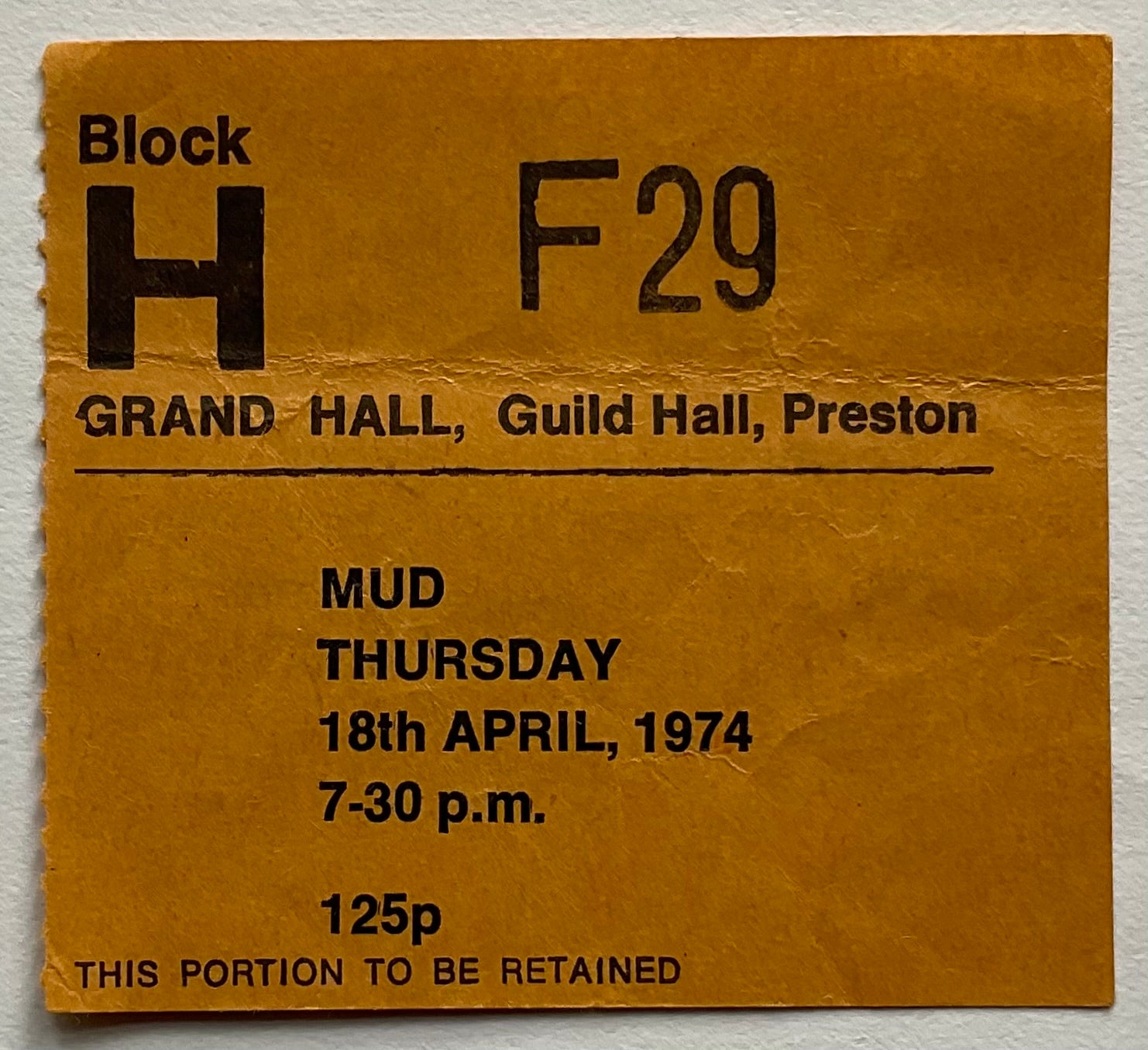 Mud Original Used Concert Ticket Guild Hall Preston 18th Apr 1974