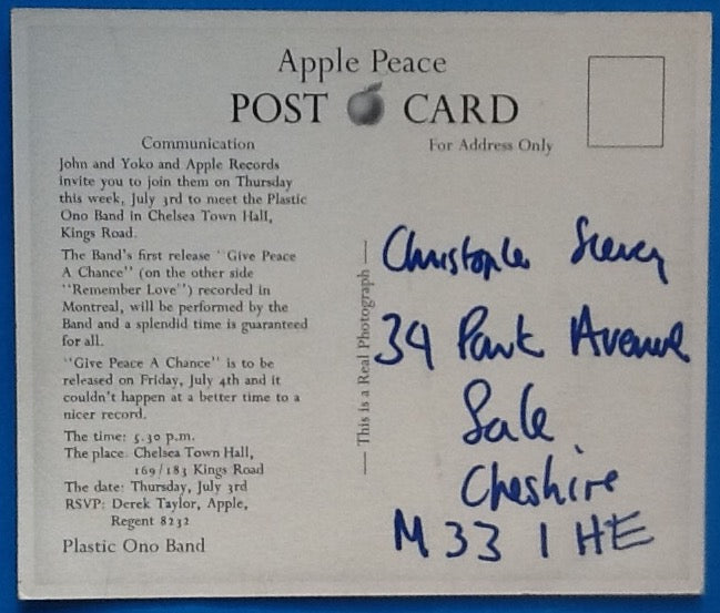 Beatles Plastic Ono Band Apple Records Postcard Initation London 1969