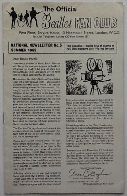 Beatles Original UK Official Beatles Fan Club National Newsletter No. 5  Summer 1965