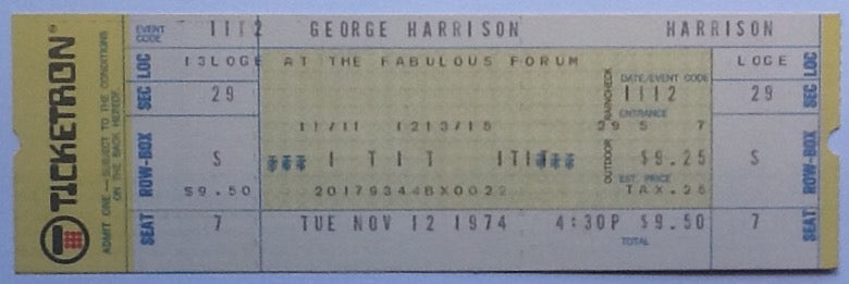 Beatles George Harrison Original Unused Concert Ticket Forum Los Angeles 1974