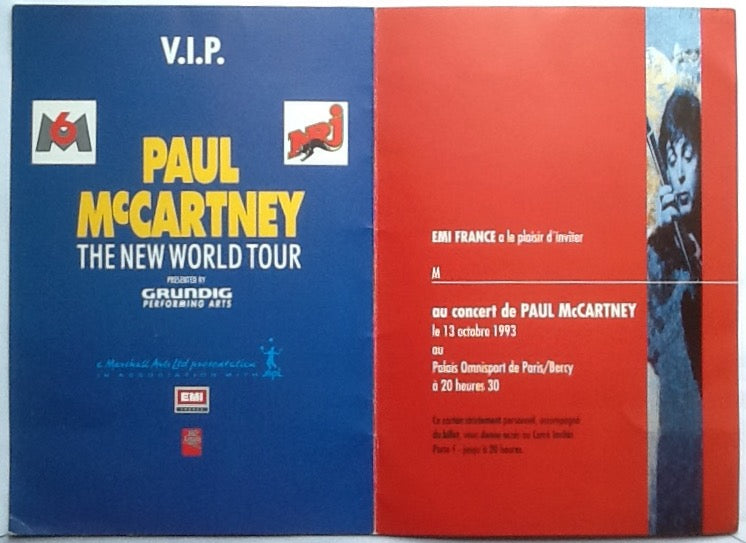 Beatles Paul McCartney Original VIP Concert Invitation Ticket Paris 13 Oct 1993