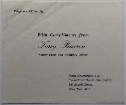 Beatles Tony Barrow Original NEMS Enterprises London Compliments Slip 1960s