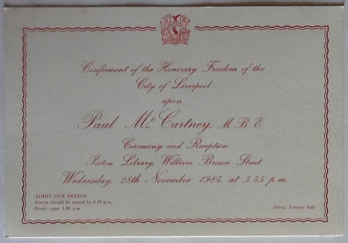 Beatles Paul McCartney Original Conferment of Freedom of City of Liverpool Invitation Ticket Picton Library 1984