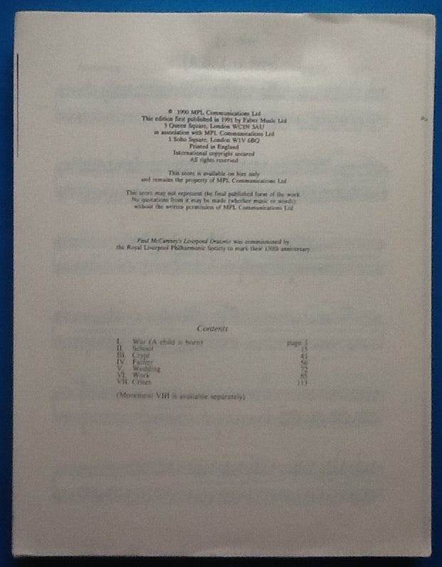 Beatles Paul McCartney Liverpool Oratorio Original Vocal Score 1991