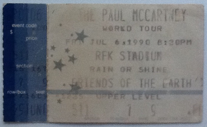 Paul McCartney Original Used Concert Ticket RFK Stadium Washington D.C. 1990