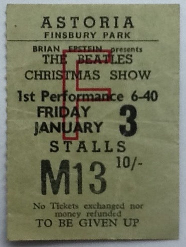 Beatles Original Used Concert Ticket Astoria Finsbury Park London 1964