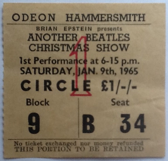 Beatles Original Used Concert Ticket Hammersmith Odeon London 9th Jan 1965