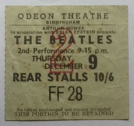 Beatles Concert Ticket Birmingham 1965