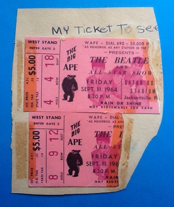 Beatles 2x Original Used Concert Tickets Jacksonville 1964
