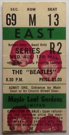 Beatles Original Used Concert Ticket Maple Leaf Gardens Toronto 1966