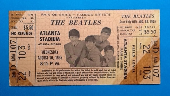 Beatles Original Unused Concert Ticket Atlanta 1965