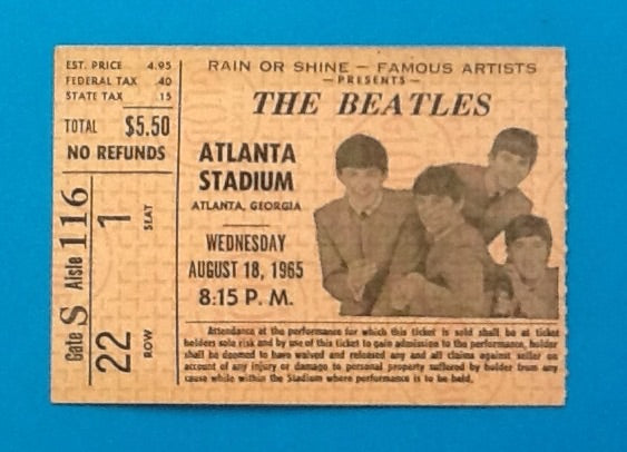 Beatles Original Used Concert Ticket Atlanta 1965