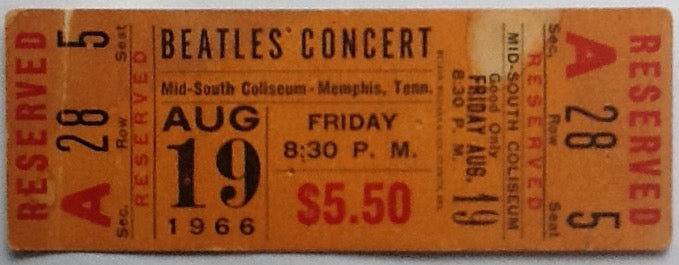 Beatles Original Unused Concert Ticket Mid South Coliseum Memphis 1966
