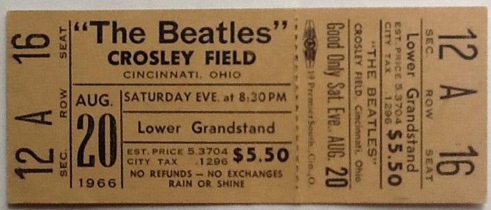 Beatles Original Unused Concert Ticket Crosley Field Cincinnati 1966