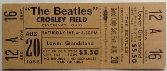 Beatles Original Unused Concert Ticket Crosley Field Cincinnati 1966