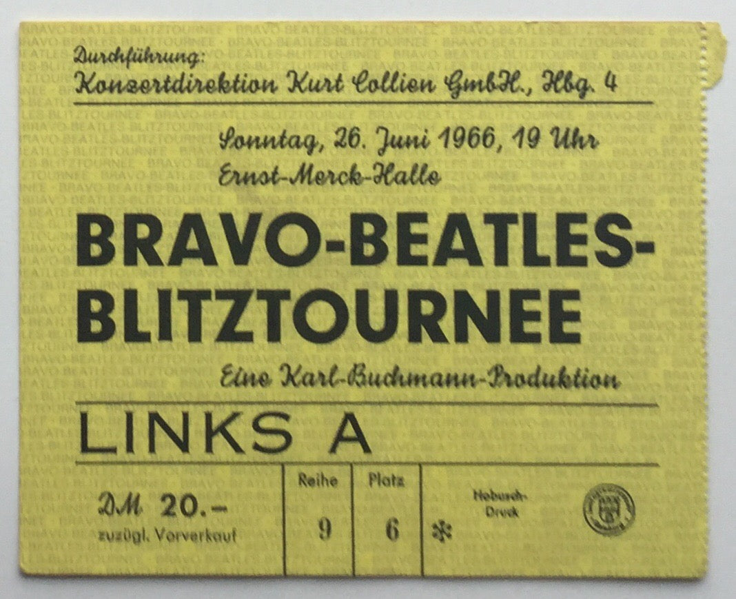 Beatles Original Used Concert Ticket Ernst Merck Halle Hamburg 1966