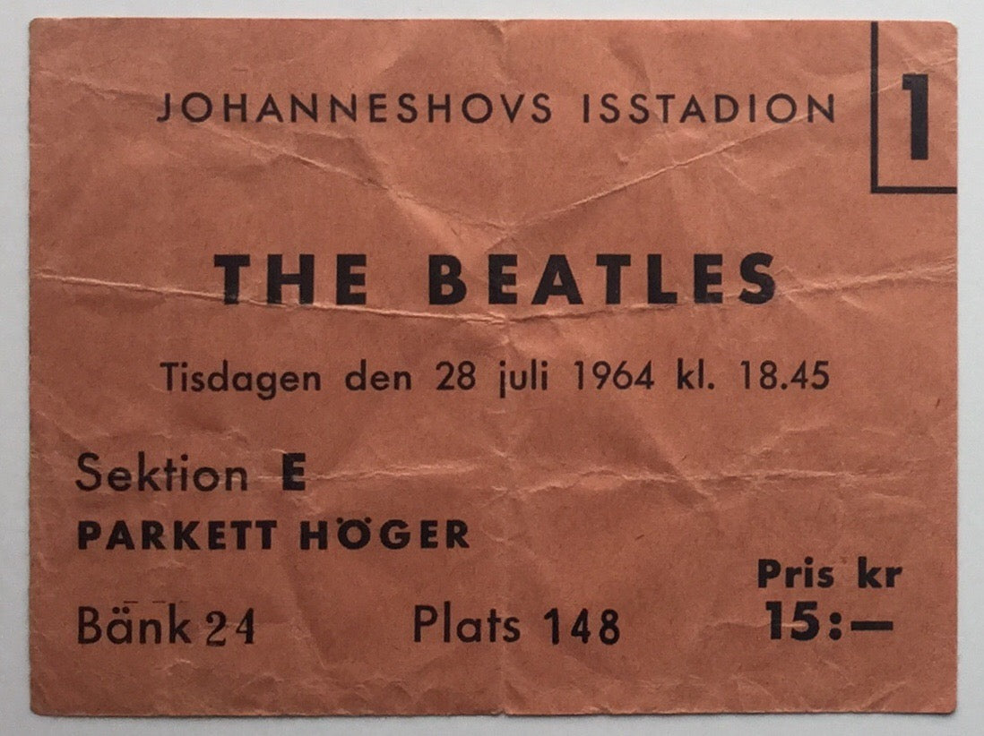Beatles Original Used Concert Ticket Johanneshovs Isstadion Stockholm 28 July 1964