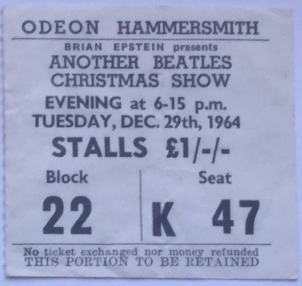 Beatles Original Used Concert Ticket Hammersmith Odeon London 1964