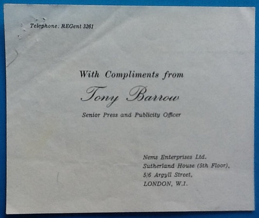 Beatles Tony Barrow Press Officer Compliments Slip NEMS Enterprises 1960s