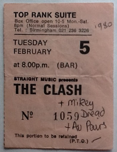 Clash Original Used Concert Ticket Top Rank Suite Birmingham 1980
