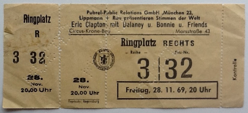 Cream Eric Clapton Delaney & Bonnie Original Unused Concert Ticket Circus Krone Bau Munich 1969