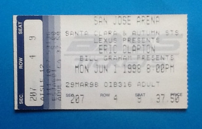 Eric Clapton Used Concert Ticket San Jose 1998